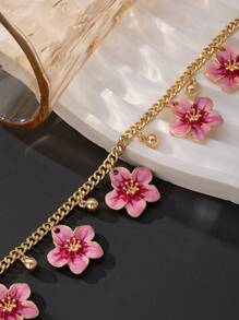 1pc Elegant Vintage French Style Handmade Tie Dye Gradient Pink 5-Petal Flower & Golden Tiny Ball Pendant Anklet For Women (No Gift Box) - Pink - View 4