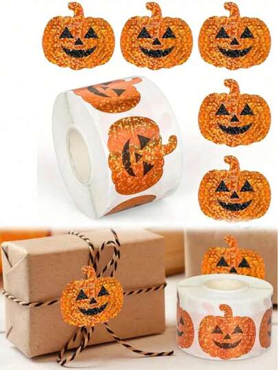 500pcs/Roll Reusable Orange Glitter Pumpkin Face Stickers, Halloween Party Decorations, Suitable For Crafts, Scrapbooks, Envelopes And Gifts, Halloween Accessories, Scrapbooking Supplies, Envelope Seals, Sparkly Effect, Durable Adhesive