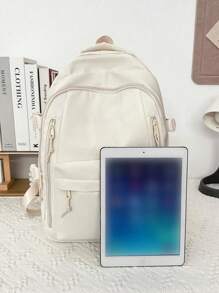 1 件纯色休闲学院风背包，带笔记本电脑隔层，大容量学生包和轻便旅行包，大容量背包旅行背包带行李带设计，适合男孩和女孩，非常适合日常使用、郊游、学校和返校，多口袋书包工作包，适合男女大学生