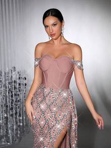 奢华闪亮厚水晶钻石亮片透视网纱长裙，单肩领口设计，性感紧身剪裁，适合婚礼伴娘礼服、女士明星正式晚宴、节日派对等场合。 - 咖啡棕 - 查看 7