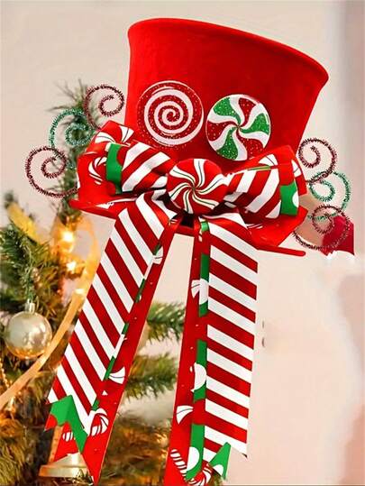 1 pieza Sombrero decorativo de árbol de Navidad con lazo rojo y caramelo, decoración de cima de árbol con lazo a rayas y piruleta, decoración de ambiente navideño, suministros de decoración para fiestas de Navidad, decoración de fondo navideño para el hogar, muy adecuado para Navidad y fiestas con tema navideño, decoraciones navideñas para el hogar, regalos de Navidad, decoración navideña