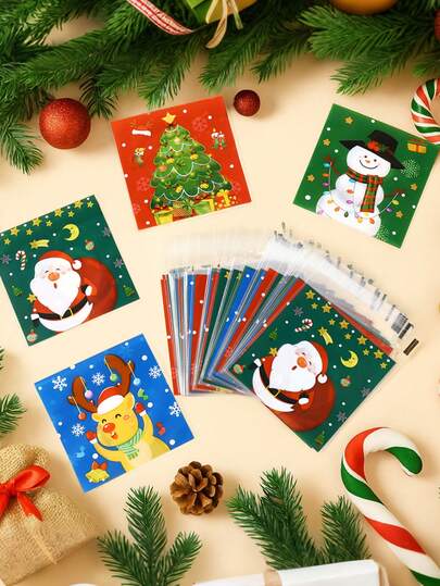 50/100 件圣诞卡通自封糖果袋、圣诞快乐礼品袋（带雪人、圣诞老人、鹿和圣诞树设计）、礼品包装袋、圣诞派对礼品袋、零食袋、巧克力饼干烘焙袋、糖果包装袋、包装袋、家居圣诞装饰、冬季装饰、圣诞装饰、送给朋友和家人的圣诞礼物、新年装饰