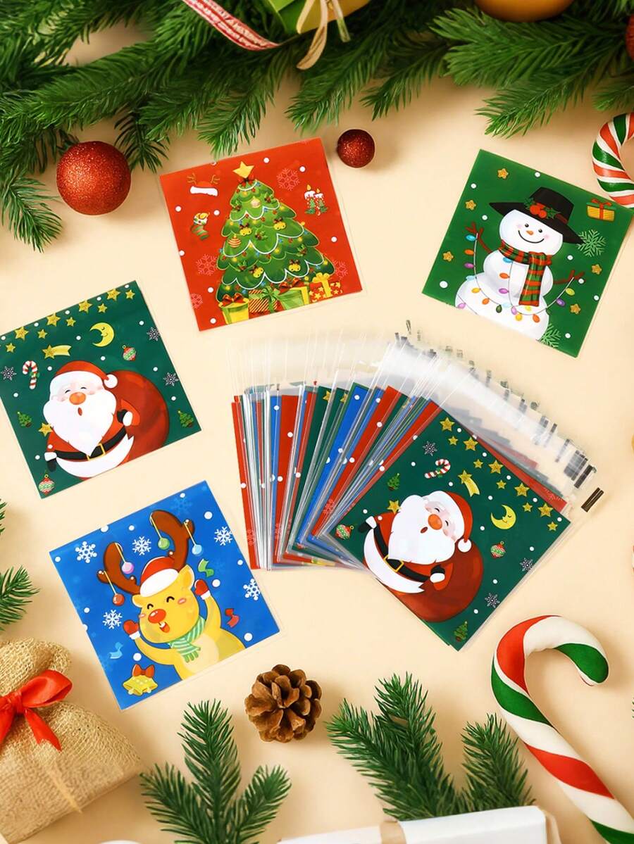 50/100 件圣诞卡通自封糖果袋、圣诞快乐礼品袋（带雪人、圣诞老人、鹿和圣诞树设计）、礼品包装袋、圣诞派对礼品袋、零食袋、巧克力饼干烘焙袋、糖果包装袋、包装袋、家居圣诞装饰、冬季装饰、圣诞装饰、送给朋友和家人的圣诞礼物、新年装饰 - 彩色 - 查看 1