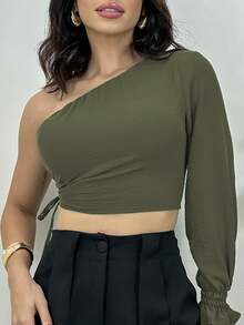 Women's Cropped Blouse With Mule Sleeve And One Shoulder Pads - 墨綠色 - 查看 2