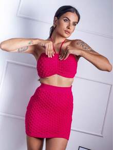 Women's Modal Knit Set With Relief Scales, Top And Skirt, Summer Knit - 玫紅色 - 查看 3