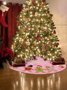 Saia para árvore de Natal Joy, 48 polegadas, boneco de gengibre, tapete para árvore de Natal com lindos enfeites de floco de neve de frutas vermelhas doces para festival de inverno, decoração de festa de Natal e ano novo (rosa) - Rosa - Ver 3