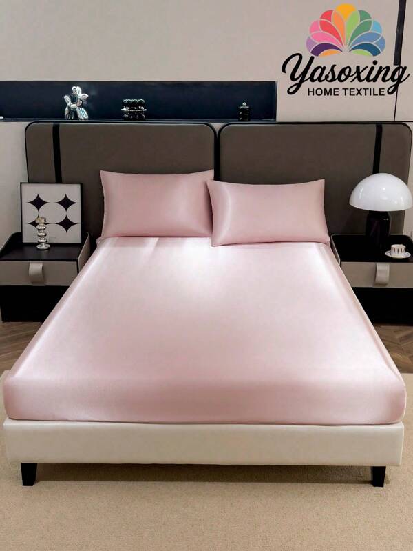 3pcs Solid Color Light Pink Satin Fitted Sheet Set Simulation Silk Fitted Sheet Set With 1pc Fitted Sheet+2pcs Pillow Case Without Filler, Modern Soft Bedding Set For Household Sheet Deep Pocket Up To 13.8 Inch Satin Pillowcase, Soft Breathable Wrinkle-Free Better For Sleep, Luxury Hotel Style, Gift For Mom Dad Friend Domitory Bedding Back School Bedding
