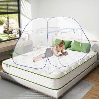 Tienda de campaña con mosquitera azul de 1,8 m con cremallera para un sueño tranquilo y sin mosquitos.