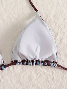 女士比基尼套装，泳衣，休闲蓝棕条纹系带露背比基尼两件式泳衣，高腰带垫泳衣，性感夏季沙滩装，沙滩度假服，女士夏季沙滩露背装，Y2K 坏女孩风格度假装 - 彩色 - 查看 6