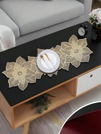 1pc Christmas Flower PVC Gold Foil Table Runner, Suitable For Christmas Dining Table Center Decor, Holiday Party Wedding Banquet Tablecloth