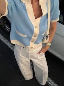 Seelio 夏季新品女装时尚简约拼接针织翻领短袖开衫 - 藍色 - 查看 5