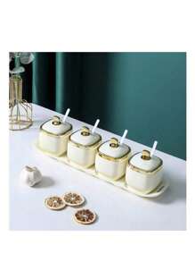 Condiment Jar With Lid And Spoon Spice Container, Clear, Green, White, Condiment Jar Seasoning Jar Salt Container Sugar Jar, Kitchen, Counter, Food Storage, 1 Tray +4 Jars, 1 Tray +3 Jars, Thanksgiving Day Gift, Harvest Festival, Family Dinner