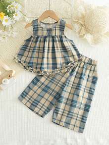 年輕女孩可愛無袖斑紋上衣配流蘇下擺闊腿褲組合 - 藍色 - 查看 1