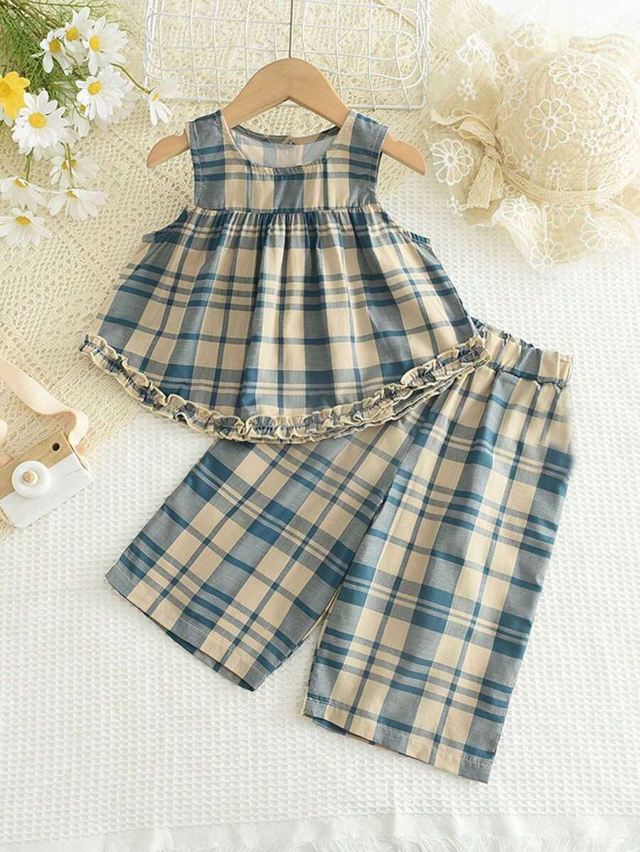 年輕女孩可愛無袖斑紋上衣配流蘇下擺闊腿褲組合 - 藍色 - 查看 1