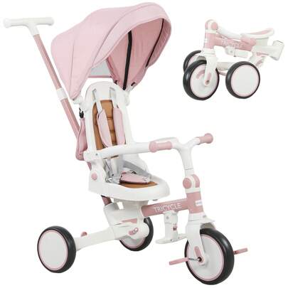 aosom AIYAPLAY Triciclo per Bambini 5 in 1 con Maniglione, Copertura Superiore Rimovibile, Cintura a 5 Punti e Barra , Triciclo Bambini in Alluminio e PP, 96.5x49x101 cm