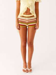 Women's Sexy Party Track Shorts Short Rainbow Stripe Fabric Medium Stretch Rib-Knit - 黃色 - 查看 2