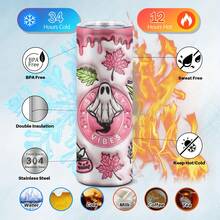 1pc 20oz Stainless Steel Insulated Tumbler, Halloween Limited Edition. Pink Halloween Ghost Pattern, Cute And Fun. Suitable For Personal Use Or Gift, Also A Must-Have Item For The Holiday. - Multicolor - View 3