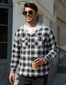 Cotrasen Mens Flannel Cotton Heavy Thick Sherpa Fleece Lined Plaid Shirt Jackets Warm Button Up Winter Coats With Hood