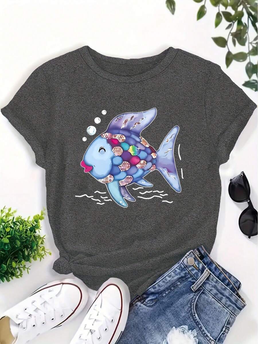 Women's Rainbow Scale Fish Teacher T-Shirt - Book And Nostalgic Design With "Kindness" Print, Short Sleeve Round Neck Casual Top, Suitable For Educators, Activities, And Book Lovers (White, Fish-Shaped Book Cover Pattern) - 深灰色 - 查看 1