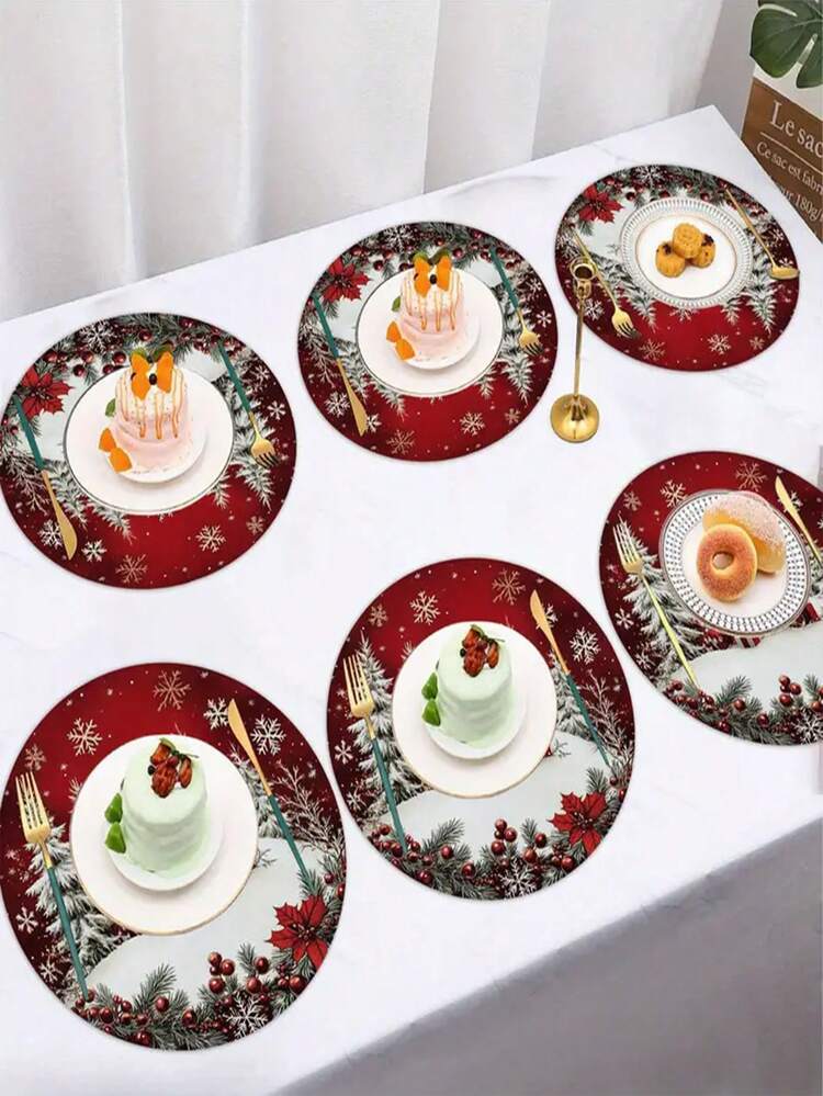 4/6/8pcs Christmas Snowflake Pattern, Non-Slip Heat Resistant, 13.8inch Christmas Decorative Placemats, Perfect Choice For Holiday Dining And Home Decor, Polyester Round Placemats, Woven, Non-Slip, Washable, Suitable For Holiday Dining And Home Decor, Durable - Multicolor - View 10