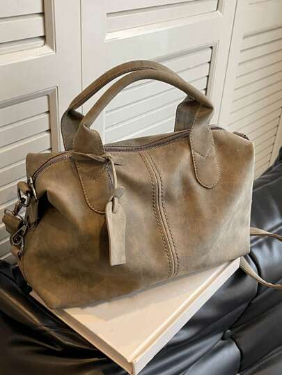 New Vintage PU Leather Women Handbag, Fashion Zipper Shoulder Bag With Detachable Strap, Women Work Travel 2-In-1 Bag, Gray, Black, Green