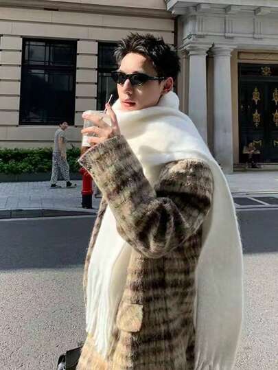 1 件长款格子仿羊绒男士围巾，流苏保暖厚几何图案情侣围巾，节日礼物男士配饰男士围巾