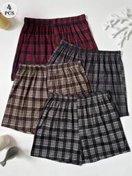 4pcs/Pack Men's Plaid Print Pattern Shorts Casual Boxer Briefs Loose Elastic Pajama Pants Comfortable Elastic Waistband Multi-Color Combination Set No Fly