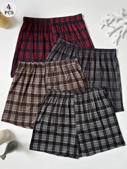 4pcs/Set Men's Plaid Print Airy Shorts, Casual Loose Elastic Waist Pajama Pants, Comfortable Multi-Color Set