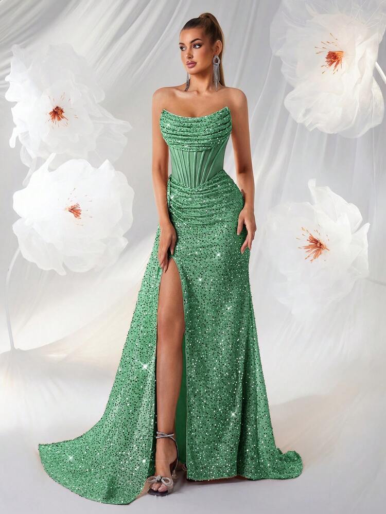 ADYCE Đầm dạ hội đuôi cá không dây vai đính sequin dành cho nữ, thiết kế xếp ly eo cao, xẻ tà bằng ruy băng satin, thắt lưng hở, thích hợp cho tiệc cocktail, tiệc tối trang trọng, đầm dài chạm sàn, cũng thích hợp cho khách dự đám cưới, các dịp trang trọng, lễ tốt nghiệp, hẹn hò và năm mới. - màu xanh lá - Xem 7