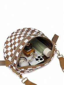 Classic Checkered Design Crossbody Bag–Matches Diverse Styles For Outings, Commutes & Leisure Time  Ample Space For Daily Errands, Casual Outings & Travel Adventures - Kẻ caro nâu - Xem 3