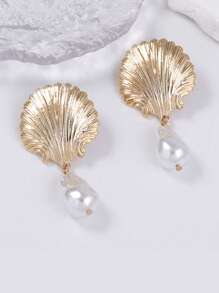 ZAA Shell Pearl Pendant Earrings, Personalized And Luxurious, Simple And Fashionable Earrings, Alloy Scallop Faux Pearl Pendant Earrings, Ocean Leisure Vacation Style Women's Earrings
