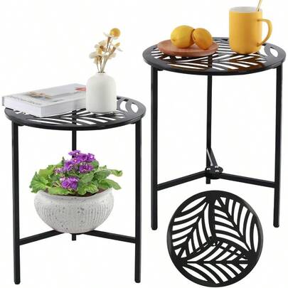 2 Packs 13 Metal Outdoor Side Tables Small Black Outside End Table For Patio Round Accent Garden Corner Stand For Small Spaces Weatherresistant Coffee Table For Balcony Porch Plant Stand