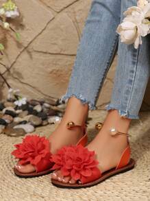 全新加大码女式舒适简约圆头莲花装饰金属珠平底拖鞋凉鞋，休闲时尚户外度假沙滩夏季鞋 - 橘紅色 - 查看 2