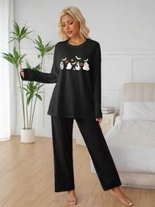 Herbst und Winter 2-teiliger Lässig anzug, Damenkostüm für Halloween, Langarm-T-Shirt, weite Damenhose Set Pyjama geeignet für magische Nächte Zuhause, sexy und modischer Pyjama-Set, Halloween Vampir, Kürbis, Katzen Muster Lässig anzug, Herbstkleidung, gemütliche Outfits