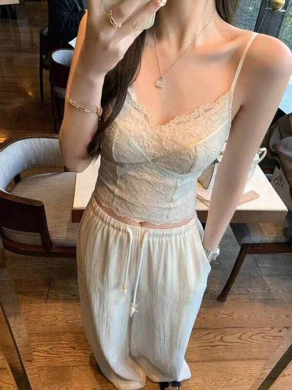 Stylish Lace Trim Asymmetrical Camisole With Built-In Padded Bra, Backless Design For Women Casual