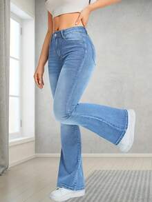 女士休闲通勤修身低腰喇叭牛仔裤 - 淺藍色 - 查看 6