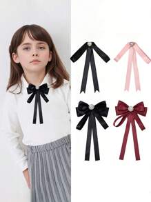 1pc Girl'S Sweetheart Style Bow Tie With Faux Pearl & Rhinestone Embellishments - Black Ribbon Bowknot For Casual Outings, Dates, And Parties, Casual Wear Accessory|Elegant Accessory|Woven Texture,Random Color