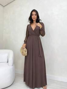 Elegante Macacão Feminino Manga Longa Soltinho Com Cinto Forrado soltinho Ano Novo - Marrom - Visão 5