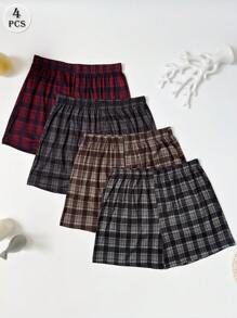 4pcs/Set Men's Plaid Print Airy Shorts, Casual Loose Elastic Waist Pajama Pants, Comfortable Multi-Color Set