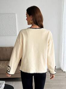 Autumn And Winter Casual Knitted Contrasting Edge Women's Cardigan, Loose Round Neck Jacket