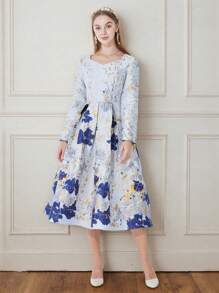 Luxurious Jacquard Elegant Long Sleeve Party Dress, Autumn/Winter