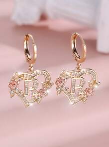 1 对心形首字母方晶锆石环形耳环，适合女士少女，精美心形雕刻 26 个字母 A-Z 和个性化名字花朵耳环，适合日常情人节珠宝生日礼物、妈妈、母亲、母亲节、礼物 - 花心形字母 - 查看 38