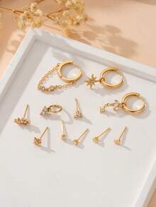 11 piezas Conjunto de aretes de cartílago multicapa con circonita cúbica brillante con colgante de estrella y corazón, joyería atractiva para fiestas para mujeres - Amarillo Oro - Ver 4