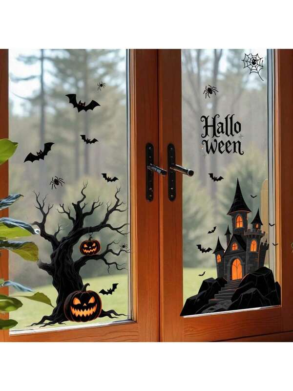 1pc PVC Scary Bat Castle Window Sticker, Static Cling Glass Decal For Halloween Holiday Decoration, Room Decor, Autumn Decor