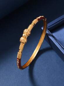 1pc Luxurious Style Copper Drop Oil Light Blue Fine Circle Pattern Bow Knot Decorated Open Bangle Bracelet For Women, Suitable For Dubai Wedding Valentines,Mom,Mother,Mother's Day,Gift