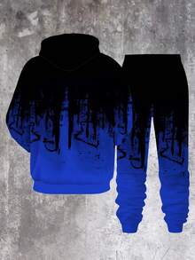 A Set Of Men's Casual Polyester Hoodie And Sweatpants, Black And Blue Blocks With Letter Prints, Comfortable And Elastic Fit, Regular Style, Suitable For Casual And Outdoor Use, Spring And Autumn Series  Spring/Fall    Regular Fit    Drawstring  Pocket - 藍色 - 查看 2