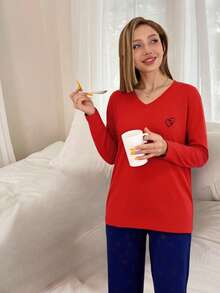 Mirano Slogan Print Short Sleeve Top & Cherry Pattern Long Pants Pajama Set - Red - View 3