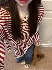 女士红色条纹撞色针织毛衣，宽松版型，秋冬 - 紅色 - 查看 3