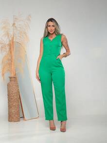 Women's Tailored Jumpsuit With Button At The Front C3154 - 綠色 - 查看 1