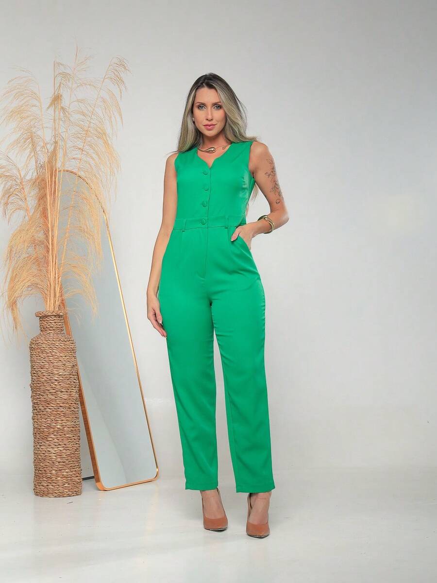 Women's Tailored Jumpsuit With Button At The Front C3154 - 綠色 - 查看 1